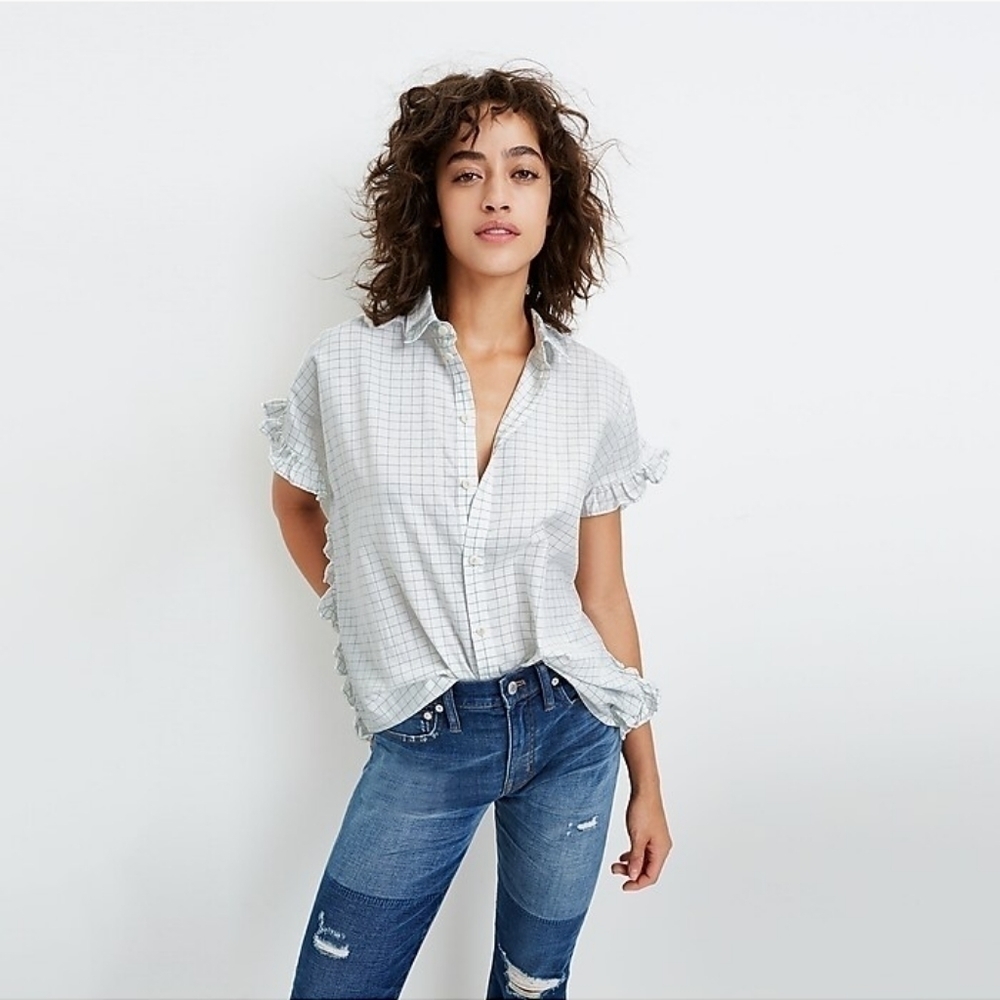 Madewell Windowpane Ruffle-Side button down Shirt sz S